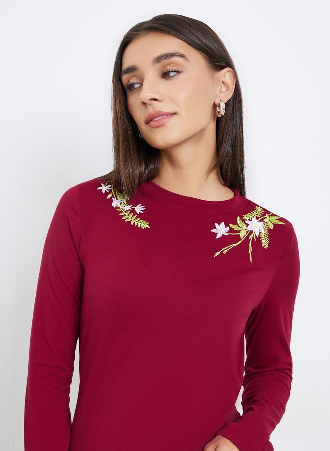 Styli Burgundy Embroidered Floral Long Sleeve T-Shirt - Image 3